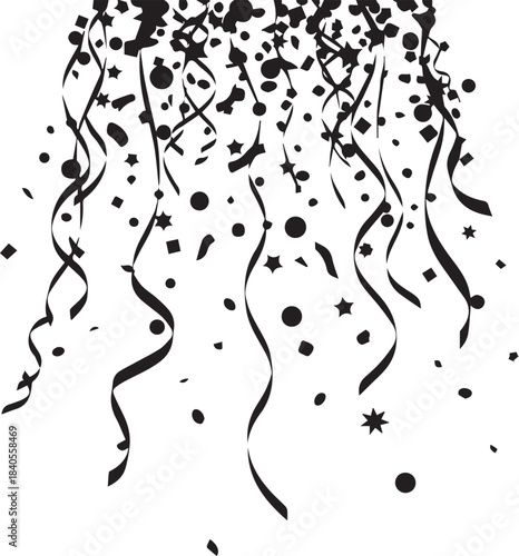 Falling black confetti and streamers isolated on white background for celebration