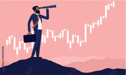African American businessman looking for economic possibilities - Man with binocular standing on hilltop with rising graph in background. Vector illustration