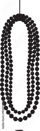 Multiple strands of black mardi gras beads hanging against a white background