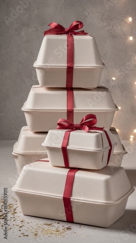 Elegant gift presentation with stacked eco-friendly containers wrapped in red ribbons against soft background