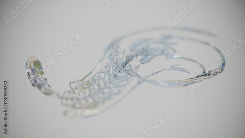Glass skeleton bent into infinity symbol, surreal 3D visualization with jelly-like texture. Crystal human skeleton twisted in infinite loop, absurd surreal 3D render with plasticity.