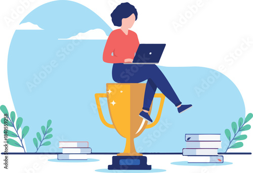 Ambitious woman - Casual businesswoman sitting on trophy with laptop computer reading and learning new things. Flat design vector illustration with white background