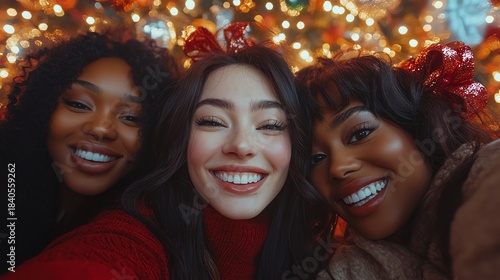 Three women smiling in front of Christmas lights. Happy holiday celebration. Festive mood.