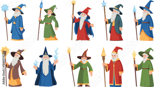 Cartoon illustration set of fantasy wizards with magical staffs, colorful robes, beards, and hats casting spells in mystical style