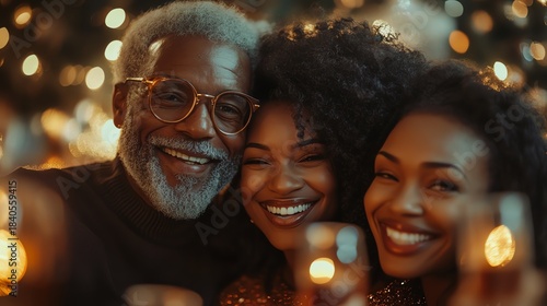 A family gathers around a table, celebrating the holidays with warmth and joy. Christmas tree in background.