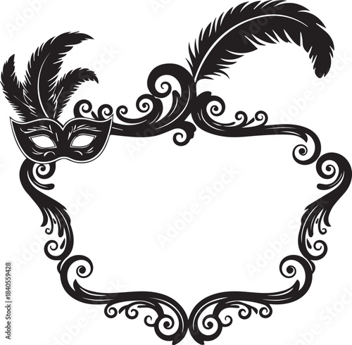 Ornate venetian mask and feather decorative frame with swirls