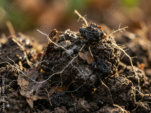 Soil Aggregates with Fine Roots Showing Moist Rhizosphere Structure - Healthy soil aggregates with fine roots, pore spaces, moisture droplets and organic particles