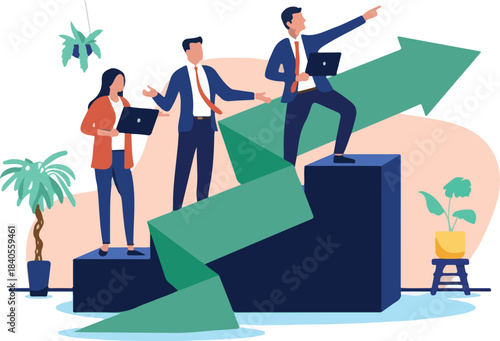 An optimistic business team of professional businesspeople moving towards a positive future, following an upward trend as a symbol of progress, corporate management, and success, flat design vector