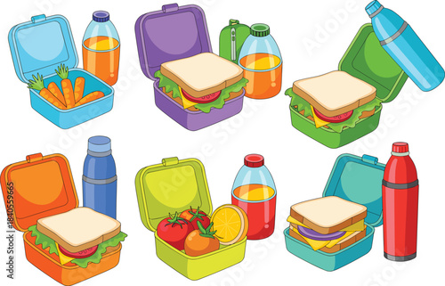 Cartoon lunch boxes with sandwiches, vegetables, fruits, and drinks, colorful meal containers, healthy lunch illustration, school lunchbox set, food clipart