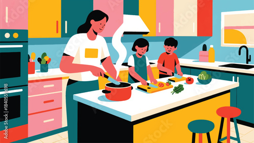 Illustration Of Parent And Two Children All Working Around A Large Kitchen Counter, Chopping Vegetables And Stirring A Pot Vector Design Template