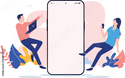 App developers working on phone screen - Flying people with computer and devices doing work on white empty screen. Flat design with white background