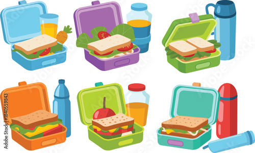 Cartoon lunch boxes with sandwiches, vegetables, fruits, and drinks, colorful meal containers, healthy lunch illustration, school lunchbox set, food clipart