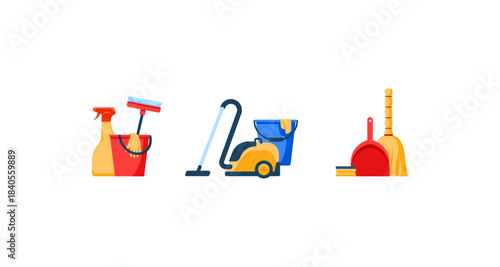 Cartoon illustration of cleaning supplies and equipment on a white background