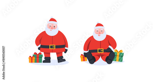 Cheerful Santa Claus with gifts in a flat cartoon style illustration