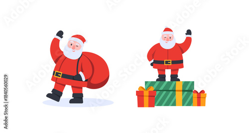 Festive Santa Claus illustrations with gifts and a cheerful holiday vibe