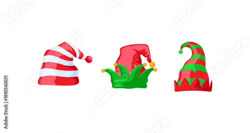 Festive Christmas Elf Hats in Red and Green on White Background