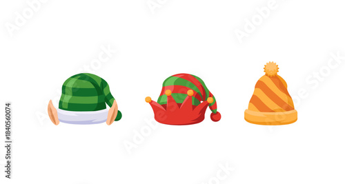 Festive hats: elf, jester, and winter designs on a white background