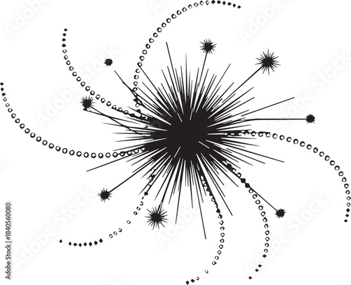 Abstract black starburst explosion with swirling trails on white background