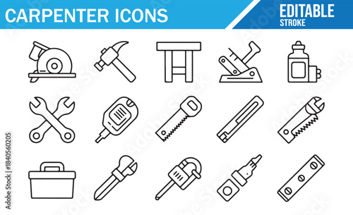 Modern woodworking and construction outline icon set for graphic designers
