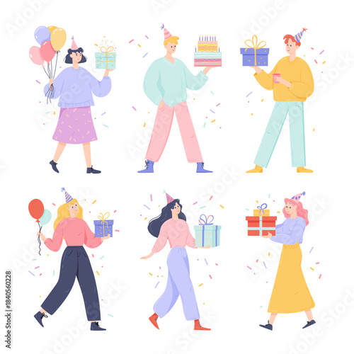 Happy characters celebrating birthday set. Smiling excited people, men and women holding baloons, party cake, festive cracker, wineglass in hand. Flat vector illustrations isolated on white background