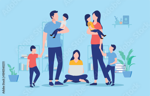 Big family - Parents with lots of children standing indoors together. Flat design vector illustration with blue background