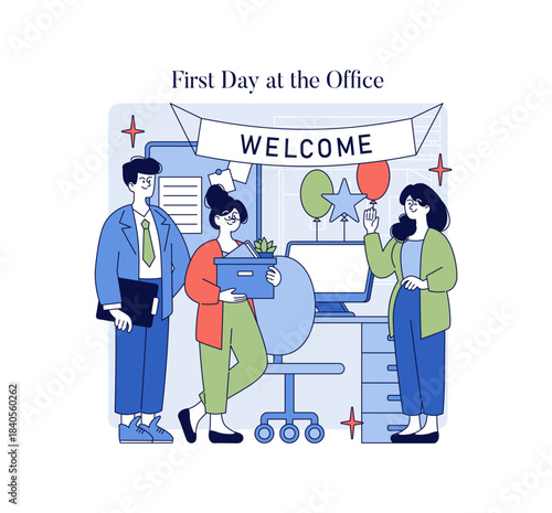 First Day at Office Vector Illustration with Welcome