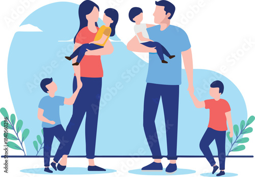 Big family with many children - Couple of parents with four kids, boy and girls, standing outdoors. Flat design vector illustration with white background