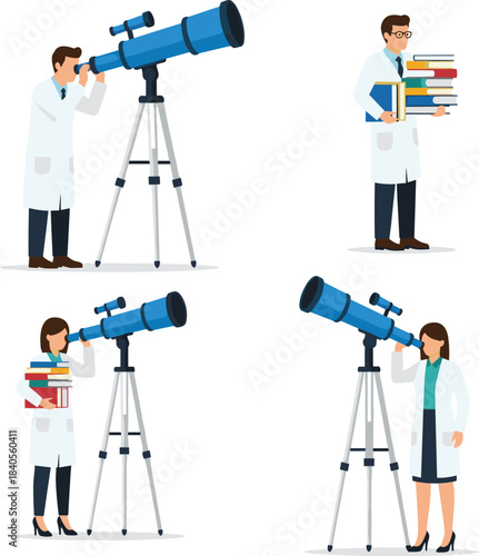 Astronomy researchers observing through telescopes, science students studying books, scientific exploration scenes, astronomers in lab coats, space observation vector illustration set