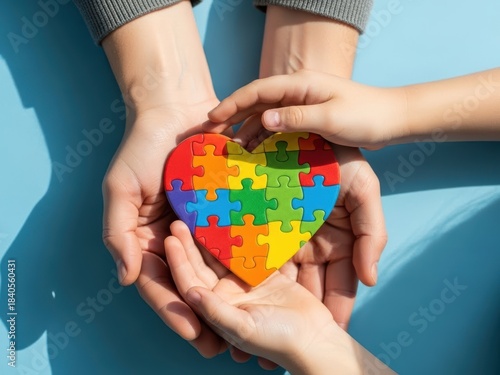 Wallpaper Mural Woman and kid hold colorful heart puzzle. Autism spectrum disorder concept. Mental health awareness for World Autism Awareness Day. Torontodigital.ca