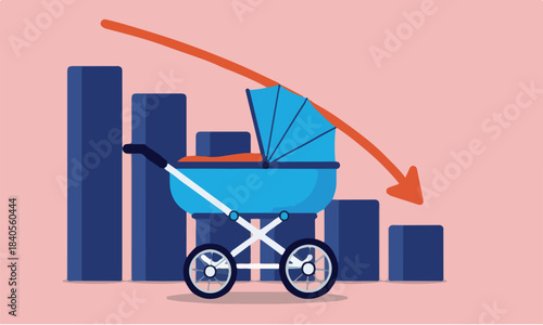 Birth rate decline - Baby stroller in front of graph diagram with red arrow pointing down. Metaphor for low fertility rate problem. Flat design animation