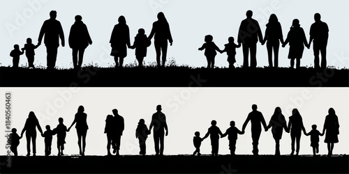 Diverse family silhouettes walking together holding hands against a light background