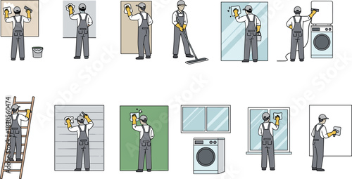 Cleaning worker illustration set, professional janitor tasks, household maintenance services, window washing, laundry care, surface wiping scenes, vector characters, sanitation and cleaning icons