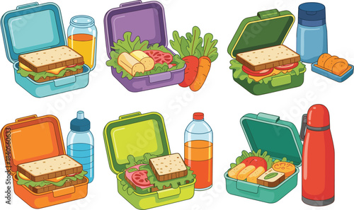Cartoon lunch boxes with sandwiches, vegetables, fruits, and drinks, colorful meal containers, healthy lunch illustration, school lunchbox set, food clipart