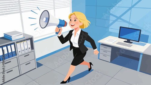 This vibrant illustration shows a business professional using a megaphone to announce a message in an office, surrounded by a desk, computer, and file cabinet.