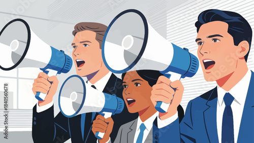 This vibrant illustration shows a business professional using a megaphone to announce a message in an office, surrounded by a desk, computer, and file cabinet.