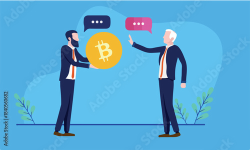 Bitcoin argument - Two people having a disagreement over crypto currency, discussing and debating. Flat design vector illustration.