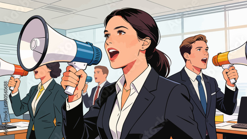 This vibrant illustration shows a business professional using a megaphone to announce a message in an office, surrounded by a desk, computer, and file cabinet.