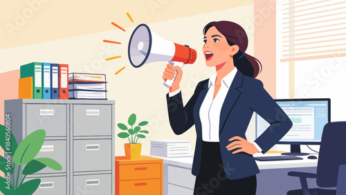 This vibrant illustration shows a business professional using a megaphone to announce a message in an office, surrounded by a desk, computer, and file cabinet.