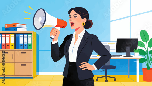 This vibrant illustration shows a business professional using a megaphone to announce a message in an office, surrounded by a desk, computer, and file cabinet.