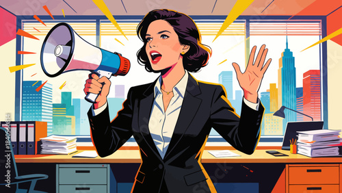 This vibrant illustration shows a business professional using a megaphone to announce a message in an office, surrounded by a desk, computer, and file cabinet.