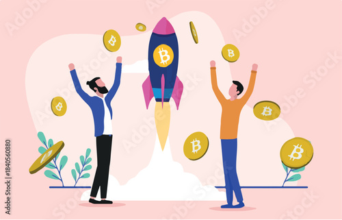 Bitcoin going up - Successful investors cheering and being happy as price of cryptocurrencies goes upwards. Flat design vector illustration