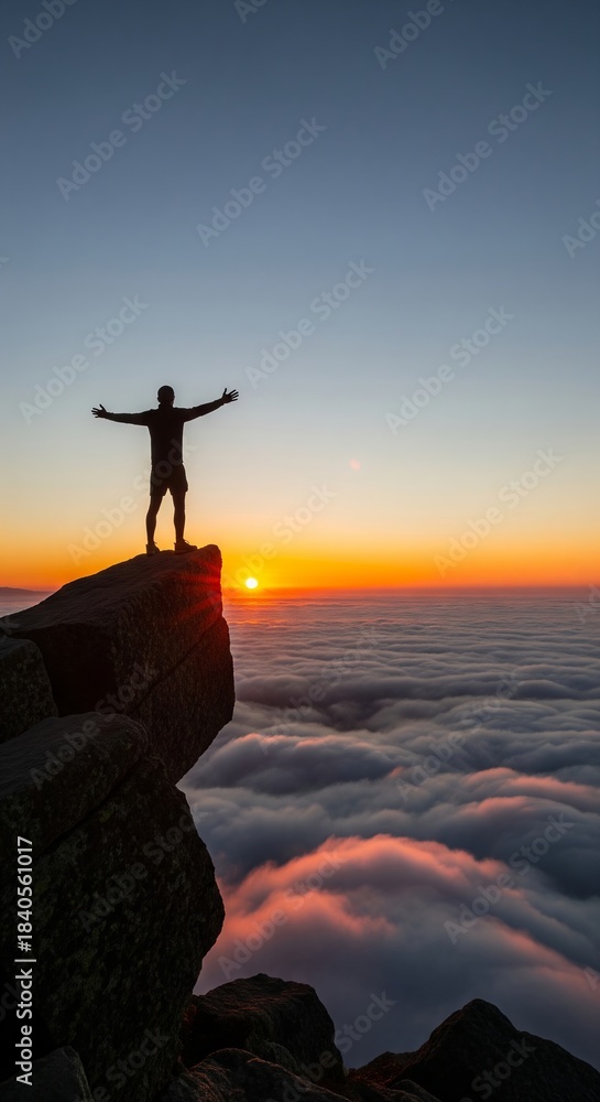 Fototapeta premium Silhouette of a person with open arms standing on mountain cliff above clouds during vibrant sunset. concept of freedom, adventure, breathtaking scenery., vertical