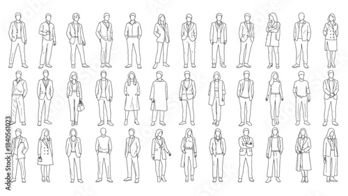 A diverse set of human figures for architectural design, an auto cad drawing.