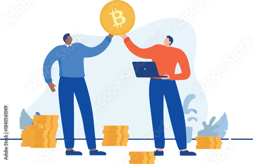 Bitcoin holders - Two businessmen investing in crypto currency holding coin in hand smiling and being happy. Flat design cartoon illustration with white background