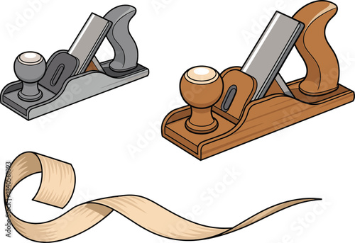 Cartoon woodworking plane tools with wood shavings, detailed illustration of hand planes for carpentry, crafting, woodworking design projects