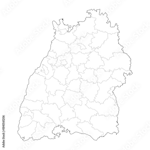 High Detail Vector Map of Baden-Wuerttemberg Germany with Districts and Political Boundaries Black Outline Isolated on Transparent Background