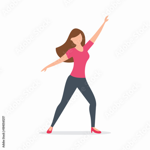 Woman in pink shirt poses with arms outstretched, simple vector illustration, casual elegance, confident posture, dance or celebration