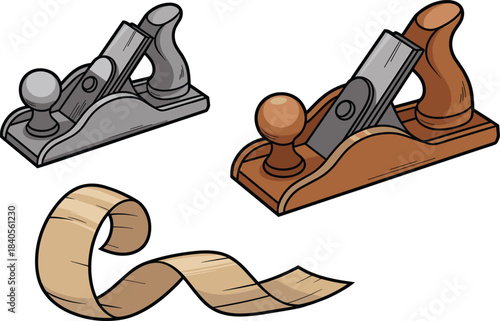 Cartoon woodworking plane tools with wood shavings, detailed illustration of hand planes for carpentry, crafting, woodworking design projects