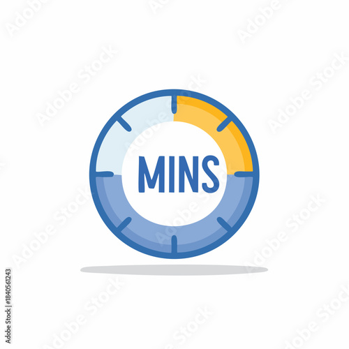 Time indicator for minutes in blue and yellow color. Mins timer graphic on a white background