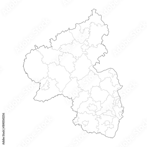 High Detail Vector Map of Rhineland-Palatinate Germany with Districts and Political Boundaries Black Outline Isolated on Transparent Background (Rheinland-Pfalz Karte)
